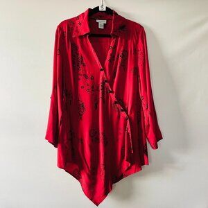 Soft Surroundings Womens Red Roll Tab Sleeve Asian Print Pagoda Tunic Top Size M
